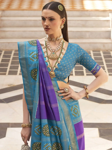 Beautiful Sky Blue Silk Patola Festival Wear Saree With Blouse